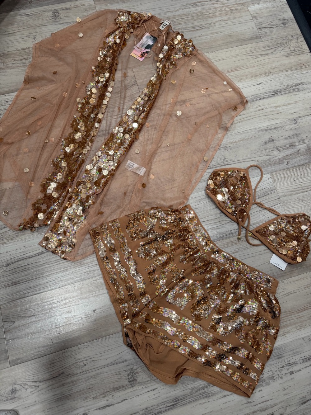 Sequin Embellished Mesh Swim Cover and Bikini Set - Bronze - NEW NEVER WORN